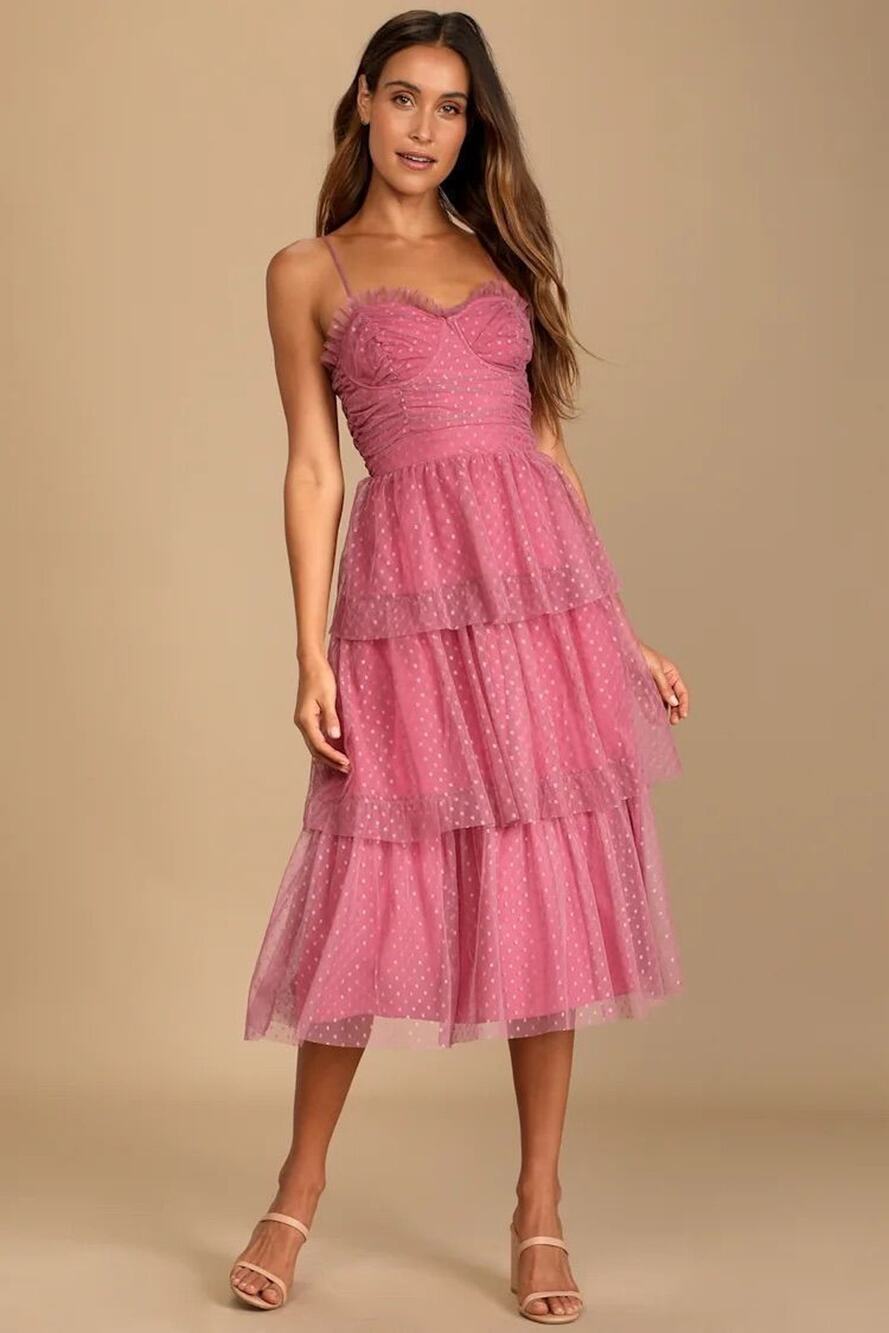 Lulus Sweetheart Style Mauve Polka Dot Bustier Midi Dress M